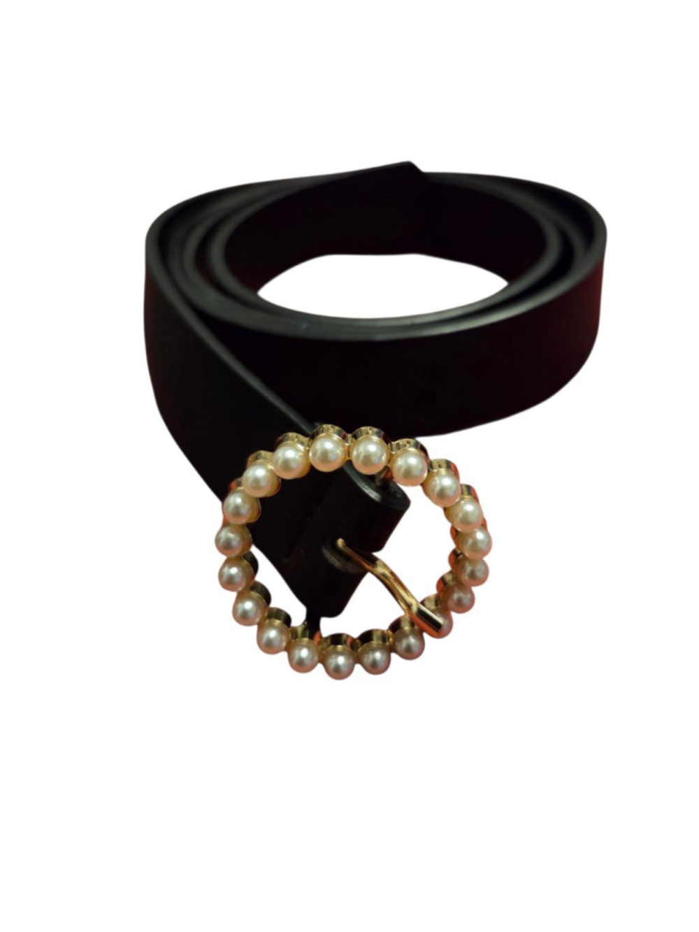 Women's Unbranded Black Faux Leather Belt with Pearl Buckle, One Size M